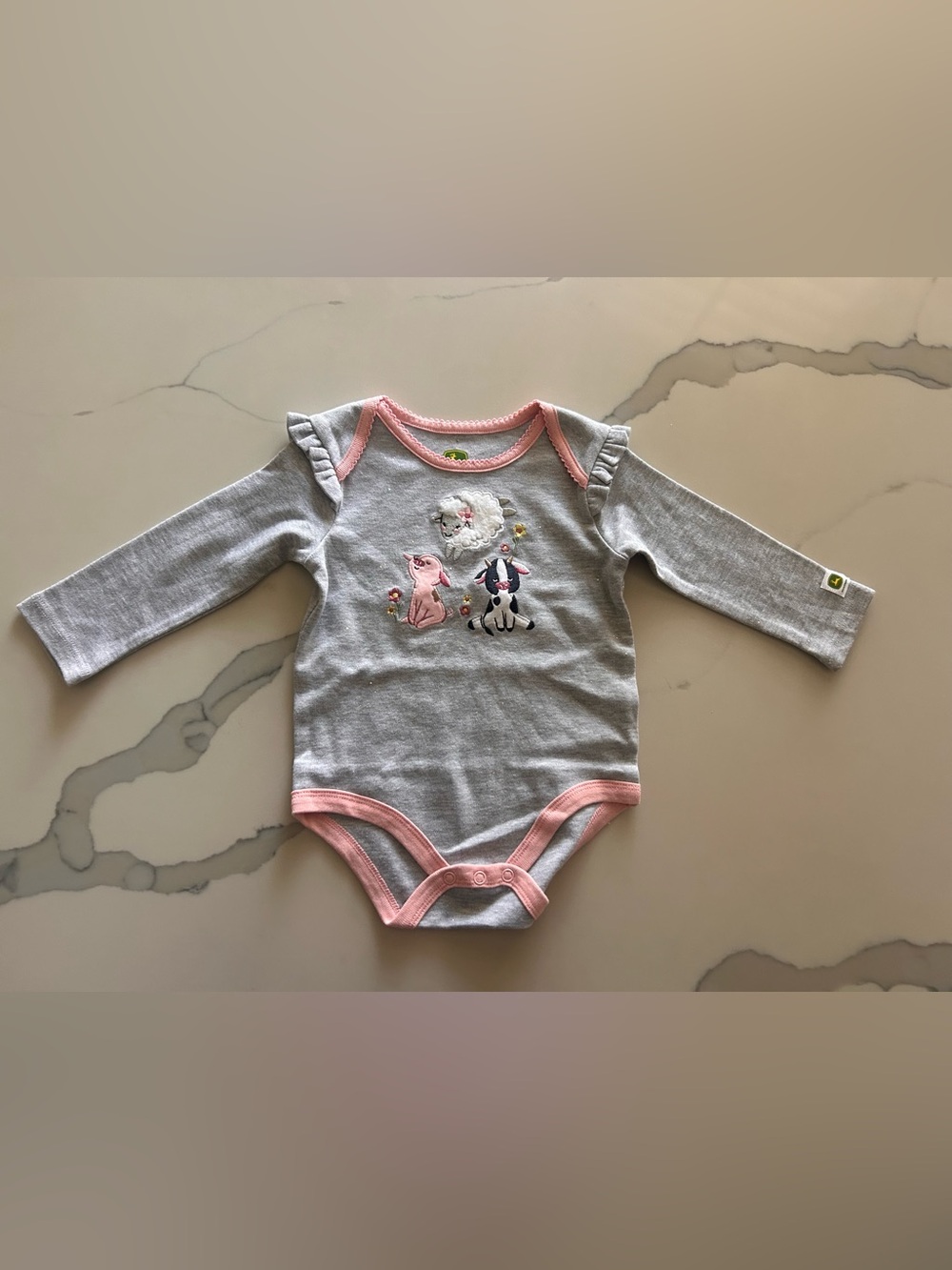 John Deere Gray and Pink Animal Applique Bodysuit